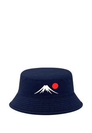 Marineblauer Eimerhut mit weißem Bergmotiv und roter Sonne in der vorderen Mitte.