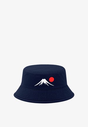 Navy blue bucket hat with white mountain graphic and red sun on the front center.