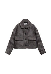 Blaumann mit kariertem Muster in Grau-, Braun- und Blautönen. Verf�ügt über einen spitzen Kragen und zwei vordere Taschen mit schwarzen Knöpfen.