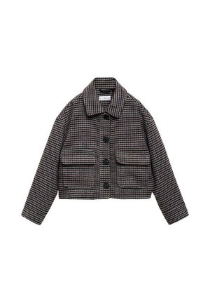 Veste courte à motifs à carreaux dans des tons de gris, marron et bleu. Elle dispose d'un col pointu et de deux poches avant avec des boutons noirs.