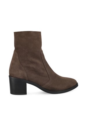 Brown suede ankle boot with block heel and rounded toe, side view on a white background.