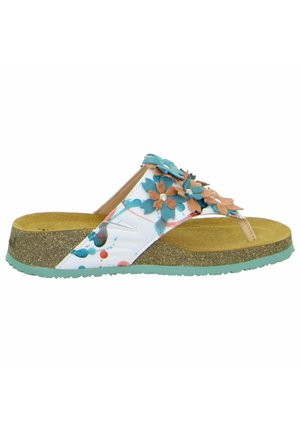 Floral wedge sandals feature a white upper with turquoise and orange flowers, a padded brown footbed, and a textured green outsole.