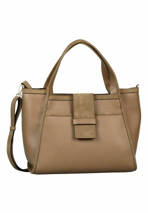 Tan leather handbag with a structured design, dual handles, a detachable shoulder strap, and a flat front pocket with a flap closure.
