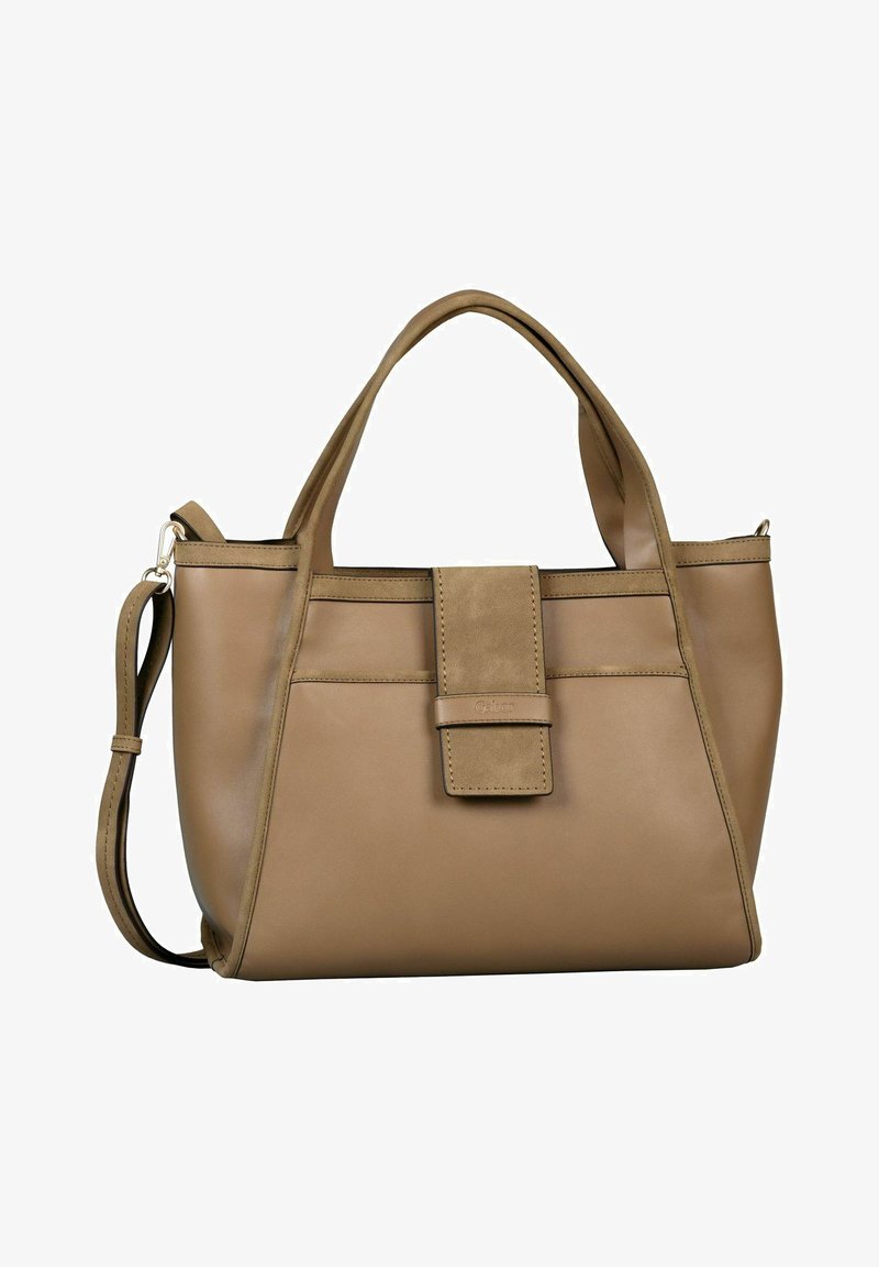 Tan leather handbag with a structured design, dual handles, a detachable shoulder strap, and a flat front pocket with a flap closure.