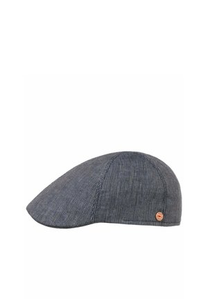 Dark gray flat cap with fine vertical stripes and a small round brown logo on the side.