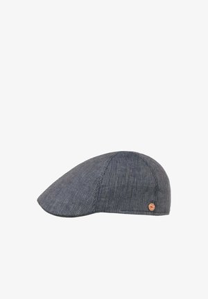 Dark gray flat cap with fine vertical stripes and a small round brown logo on the side.