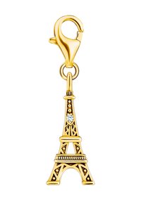 Charm im Goldton der Eiffelturm mit aufwendigen Ausschnitten, versehen mit einem klaren Kristallakzent. Abgeschlossen mit einem Karabinerverschluss.