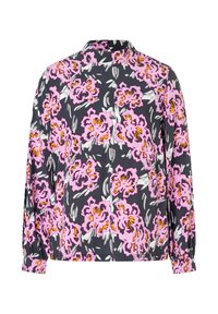 Long-sleeved blouse with a stand collar, featuring a dark gray base and large pink and yellow floral prints. Soft, lightweight fabric.