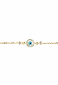 Gold bracelet with an eye-shaped pendant, featuring a blue center and surrounded by clear stones, on a delicate chain with circular accents.