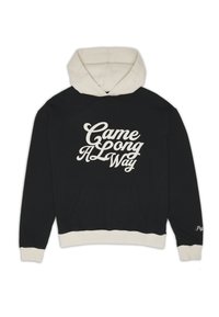 Felpa nera con cappuccio, polsini e orlo crema, che presenta la scritta "Came A Long Way" in grande in stile corsivo crema sul fronte e un piccolo testo sulla manica.