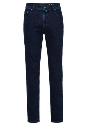 Dunkelblaue Jeans aus Denim im Slim-Fit-Schnitt, mit Fünf-Taschen-Design, dezenten Nähten und einem Knopfverschluss an der Taille.