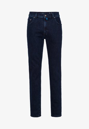 Dunkelblaue Jeans aus Denim im Slim-Fit-Schnitt, mit Fünf-Taschen-Design, dezenten Nähten und einem Knopfverschluss an der Taille.