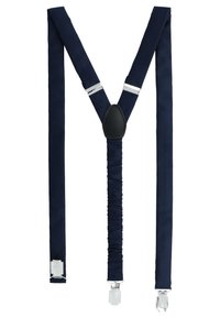 Dunkelblaue Hosenträger mit verstellbaren Riemen, ausgestattet mit einem zentralen Lederpatch und silbernen Metallclips zur Befestigung. Glatte Textur.