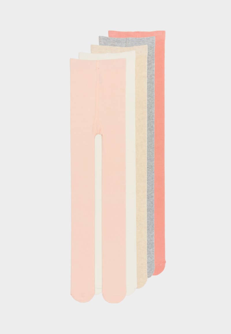 Fünf Paare von Leggings in verschiedenen Farben: helles Pfirsich, creme, beige, grau und koralle. Glatte Textur, einfaches Design, dehnbar bis zum Knöchel.