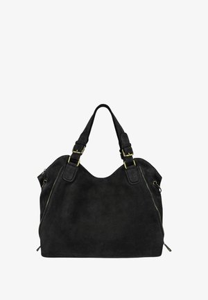 Sac cabas en daim noir avec double anse, doté de ferrures dorées, d'un haut incurvé et de côtés zippés pour un détail de design supplémentaire.