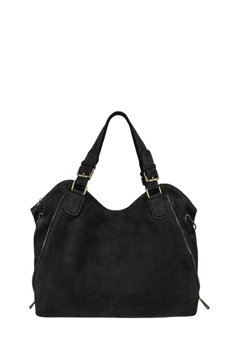 Sac cabas en daim noir avec double anse, doté de ferrures dorées, d'un haut incurvé et de côtés zippés pour un détail de design supplémentaire.