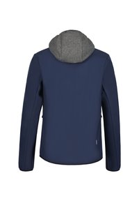 Giacca navy con cappuccio foderato in felpa grigia, maniche lunghe e tasche laterali. Materiale liscio e impermeabile con un taglio moderno e design su misura.
