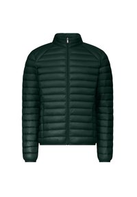 Doudoune verte foncée avec zip à l'avant, col haut, motif matelassé et poignets élastiques. Fabriquée en matériau léger et résistant à l'eau.