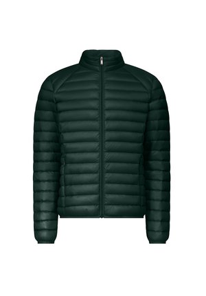 Doudoune verte foncée avec zip à l'avant, col haut, motif matelassé et poignets élastiques. Fabriquée en matériau léger et résistant à l'eau.