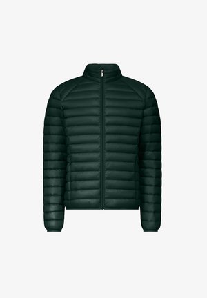 Donkergroene pufferjack met een ritssluiting aan de voorkant, hoge kraag, gestikt patroon en elastische manchetten. Gemaakt van lichtgewicht, waterafstotend materiaal.