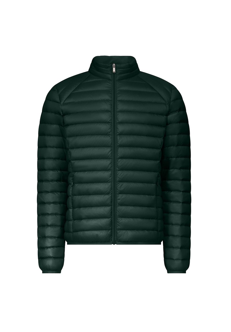 Doudoune verte foncée avec zip à l'avant, col haut, motif matelassé et poignets élastiques. Fabriquée en matériau léger et résistant à l'eau.