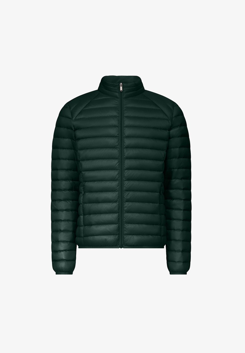 Donkergroene pufferjack met een ritssluiting aan de voorkant, hoge kraag, gestikt patroon en elastische manchetten. Gemaakt van lichtgewicht, waterafstotend materiaal.