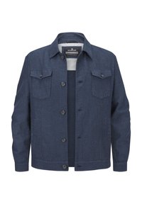 Dunkelblaue Jeansjacke mit langen Ärmeln, zwei Brusttaschen und Knopfschluss. Sie zeichnet sich durch eine glatte Textur und auffällige Nähte aus.