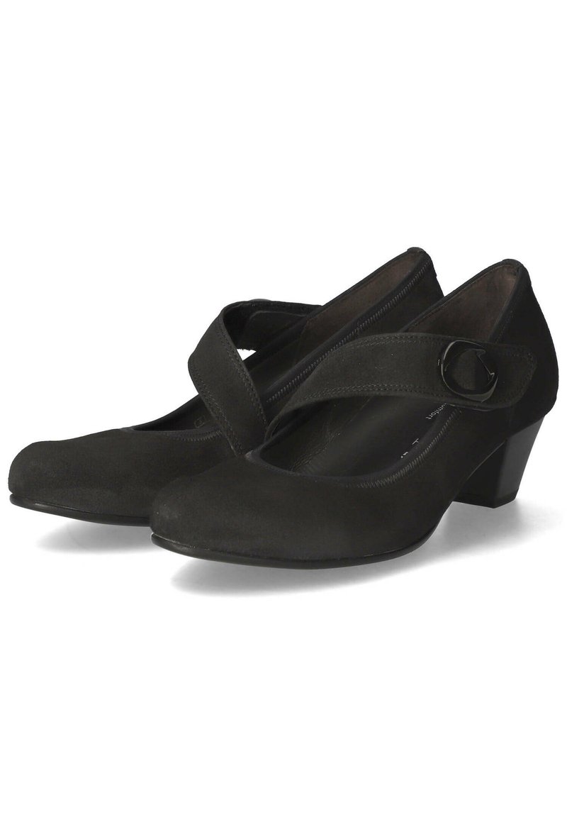 Black suede low-heeled shoes with a rounded toe and an adjustable strap across the instep, featuring a decorative circular buckle.