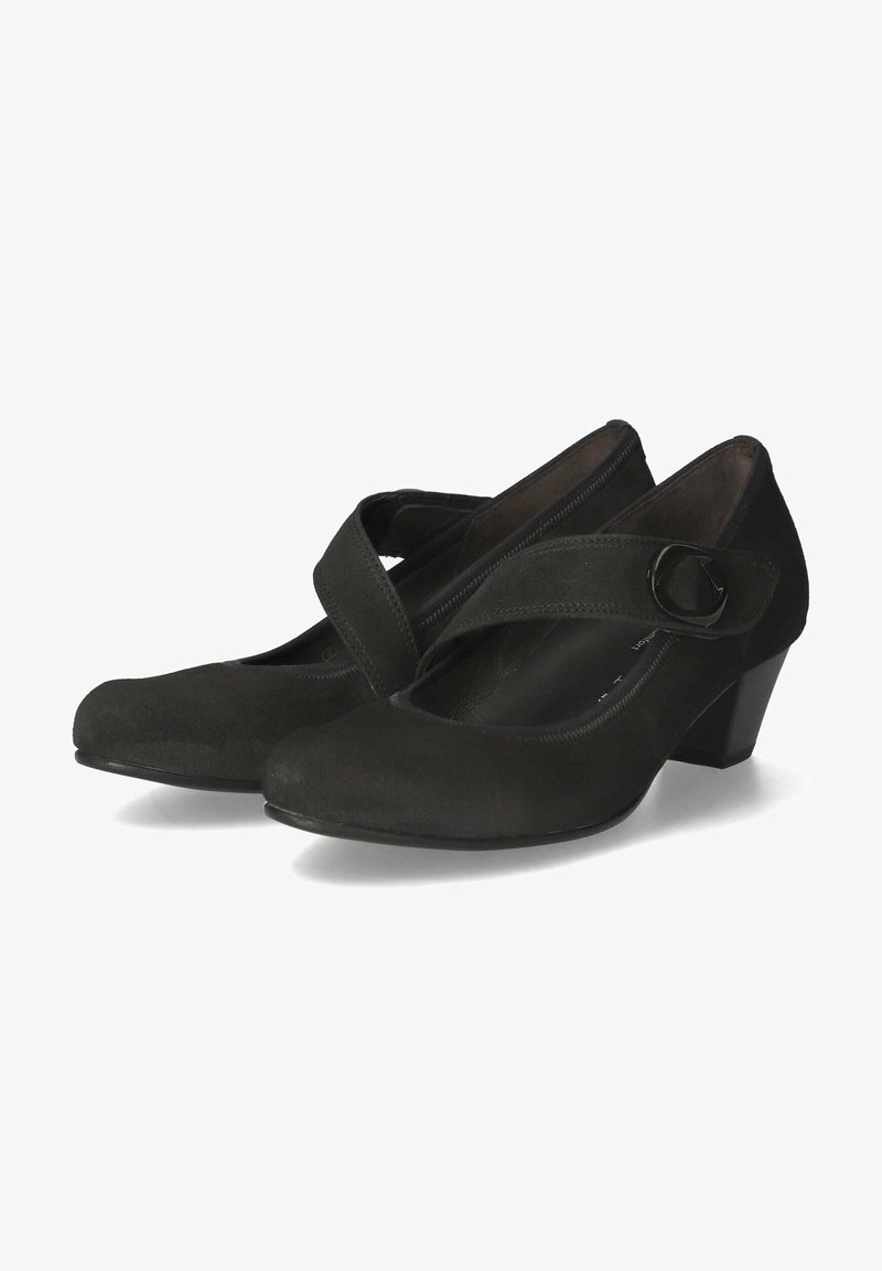 Black suede low-heeled shoes with a rounded toe and an adjustable strap across the instep, featuring a decorative circular buckle.