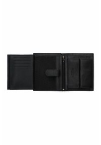 Czarny skórzany portfel otwarty, z miejscami na karty, kieszenią z zamkiem błyskawicznym oraz gładką teksturą z subtelnym odciskiem logo.