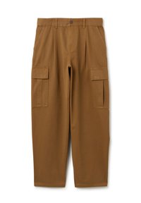 Braune Cargo-Hose mit lockerer Passform, ausgestattet mit zwei Fronttaschen, zwei seitlichen Cargo-Taschen und einem Knopfverschluss an der Taille.