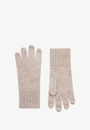 Gants en tricot beige avec des poignets côtelés. Dotés de cinq doigts, d'une texture lisse et d'un design simple. Convient aux temps froids.