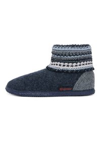 Pantofole in lana blu con risvolto lavorato a maglia a righe bianche e blu, dotate di un tallone in feltro grigio e suola in gomma testurizzata per una buona presa.