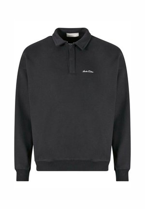 Black long-sleeve polo sweatshirt made of cotton, featuring a buttoned collar and white logo embroidery on the left chest. Textured fabric.