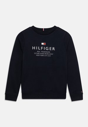 Sweat-shirt marine en mélange de coton avec col ras du cou et poignets côtelés. Caractérisé par le logo "HILFIGER" et des détails de marque déposée en blanc.