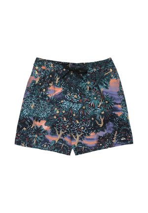 Men's swim shorts with tropical forest pattern in green, beige, and purple tones, featuring palm trees and dense foliage, with a black drawstring waist.