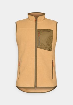 Fleece vest in light tan with a zippered olive green chest pocket. Features two side pockets and orange zipper pulls. Mock neck design.