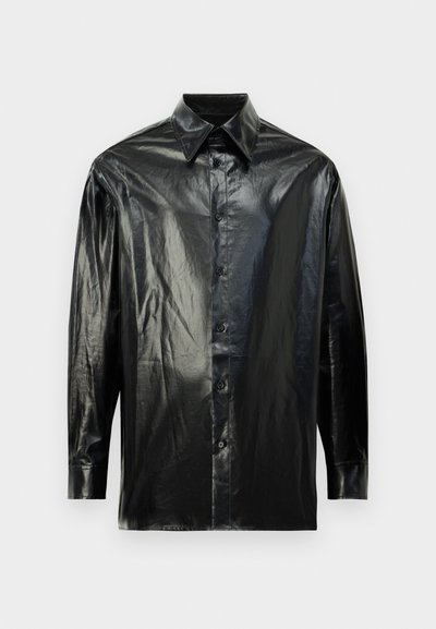 Black button-up shirt with long sleeves, made of shiny, smooth material. Features a classic collar and visible button placket.