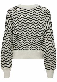 Pull en maille blanche avec motif zigzag noir, manches longues bouffantes et poignets ainsi que taille côtelés ajustés, vu de dos.