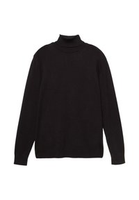 Črn pulover z dolgimi rokavi in ovratnikom, z rebrastimi manšetami in robom, položen na belo podlago.