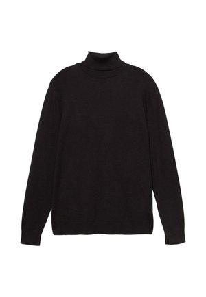 Čierny dlhý rukáv rolák s rebrovanými manžetami a lemom, položený na bielom pozadí.