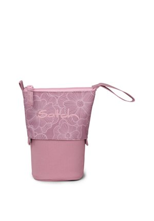 Rosa Stofffedermäppchen mit Blumenmuster, Reißverschluss, Handgelenkschlaufe und "Satch"-Logo im oberen Bereich.
