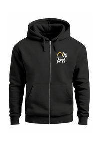 Black zip-up hoodie made of cotton blend fabric, featuring a white stylized reindeer graphic with a gold circular accent on the left chest.