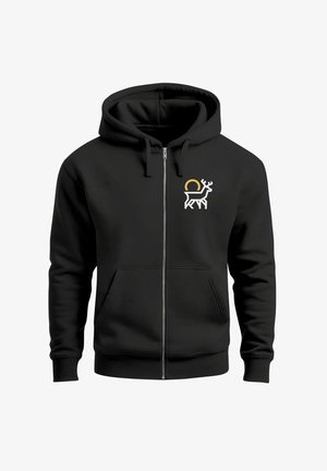 Schwarze Zip-Hoodie aus Baumwollmischgewebe, mit einem weißen stilisierten Rentier-Graphic und einem goldenen kreisförmigen Akzent auf der linken Brust.