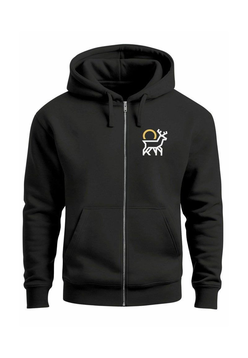 Black zip-up hoodie made of cotton blend fabric, featuring a white stylized reindeer graphic with a gold circular accent on the left chest.