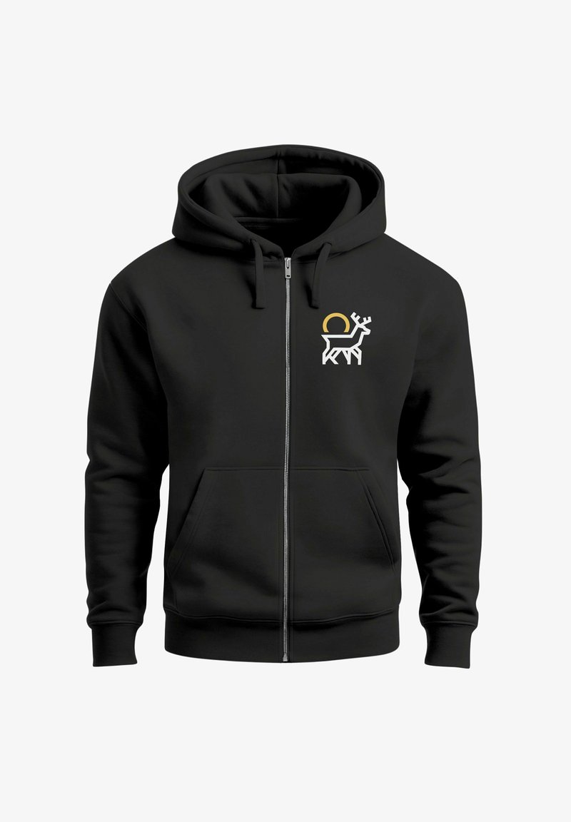 Black zip-up hoodie made of cotton blend fabric, featuring a white stylized reindeer graphic with a gold circular accent on the left chest.