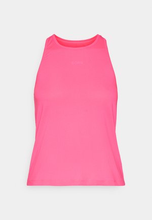 Roza atletska majica bez rukava iz gladke tkanine, z visokim ovratnikom, širokimi armholes in logotipom blagovne znamke 'BORG', odtisnjenim v svetlo sivi barvi.