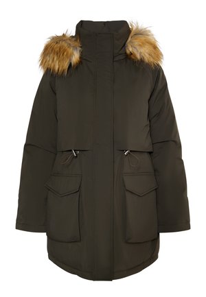 Giacca piumino di un verde oliva scuro, con cappuccio in pelliccia sintetica staccabile, tasche anteriori con zip e coulisse regolabili in vita.