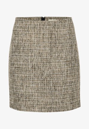 Beige ja pruuni toonides tweed mini seelik, millel on katseline muster, taga tõmblukk ja kohandatud lõige.