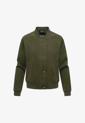 Olivenfarvet bomberjakke med ribbet krave, trykknapper, sidelommer og strukturerede detaljer på ærmerne. Lavet af blødt stof.